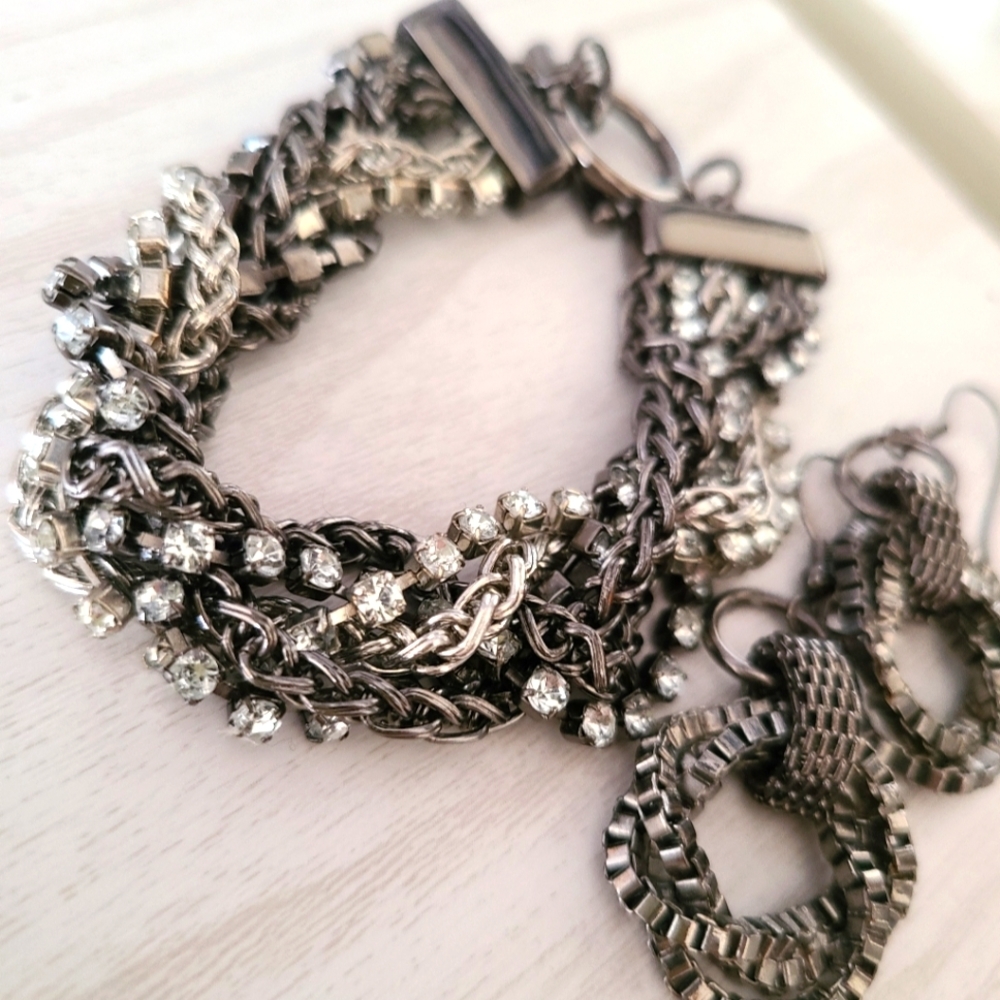 The Limited Industrial Style Chain and Crystals Bracelet and Earrings Set